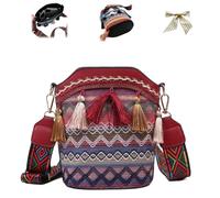 Handmade Native American Handbag,Boho Ethnic Woven Bucket Bag for Women,Vintage Geometric Pattern Crossbody Bags for Travel (Red)