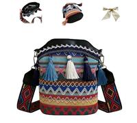 Handmade Native American Handbag,Boho Ethnic Woven Bucket Bag for Women,Vintage Geometric Pattern Crossbody Bags for Travel (Black)
