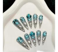 Handmade Press on Nails Long Almond False Nails Luxury Blue Silver Full Diamonds Glitter French Tip with 3D Rhinestone Crystal Gems for Women with Glue Reusable 10Pcs (L)