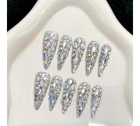 Handmade Press on Nails Long Almond False Nails Luxury Full Diamonds Glitter French Tip with 3D Rhinestone Stiletto Crystal Gems for Women with Glue Reusable 10Pcs (S)