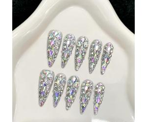 Handmade Press on Nails Long Almond False Nails Luxury Full Diamonds Glitter French Tip with 3D Rhinestone Stiletto Crystal Gems for Women with Glue Reusable 10Pcs (M)