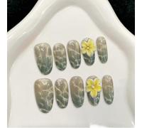 Handmade Press on Nails Medium Almond False Nails 3D Flower with Rhinestone Green Gradient French Fake Summer Lemon Sea Salt for Women with Glue Reusable 10Pcs (L)