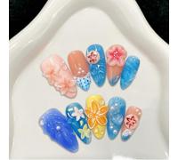 Handmade Press on Nails Medium Almond False Nails Sea 3D Flower Pearl Shell Glitter Full Cover Blue Ocean Summer Gradient Tropical French Tip for Women with Glue Reusable 10Pcs (XS)