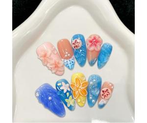 Handmade Press on Nails Medium Almond False Nails Sea 3D Flower Pearl Shell Glitter Full Cover Blue Ocean Summer Gradient Tropical French Tip for Women with Glue Reusable 10Pcs (M)