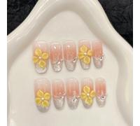 Handmade Press on Nails Medium Coffin False Nails 3D Flower Yellow with Rhinestone Pink Gradient Silver Shiny Cat Eye French Glitter Summer for Women with Glue Reusable 10Pcs (XS)
