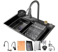 Handmade Stainless Steel Waterfall Sink - Single Bowl Bar & Kitchen Workstation Sink Thick Design 68 x 45 x 22 cm Family-Friendly Complete Set Modern Style