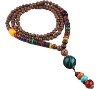 Handmade Vintage Long Necklace Chain Sweater Carving Wood Natural Ethnic Green Agate Ball Bohemian Unisex Simple Beaded Minimalist Clothing Accessories, Wood, Pearls, Turquoise