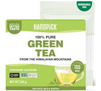 HANDPICK, Thé Vert, 100% Pur de l'Himalaya - 100 Sachets Ronds Écoresponsables - Non-OGM - Feuilles de Thé Verte 100% Pures - Mélange Caféiné - Scellé Sous Vide