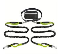 Hands Free Dog Lead, Running Dog Lead with Adjustable Waist Belt, Walking Belt for Medium Large Dogs, Bungee DogLead with Detachable Pouch for Running,Hiking (Green,Double)