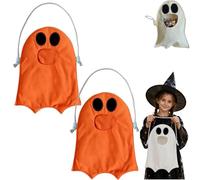 Hands-Free Feed The Ghost Halloween Treat Bag,Cute Ghost Candy Bag，2*Orange | Reusable Canvas Candy Pouch,Bag Replace Candy Buckets & Baskets,Foldable Washable Storage Bag with Front Opening for Party