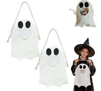 Hands-Free Feed The Ghost Halloween Treat Bag,Cute Ghost Candy Bag，2*White | Reusable Canvas Candy Pouch,Bag Replace Candy Buckets & Baskets,Foldable Washable Storage Bag with Front Opening for Party