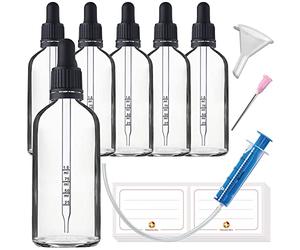 HandsUnity 100ml-6 pièces de Flacon de Verre pour Pipette - Ensemble de Pots de Pharmacie en Verre Transparent Avec Bouchon de Pipette Noir Comprenant 17 Accessoires Flacons en Verre Clair