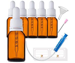 HandsUnity 15ml-6pcs de Flacon de Pipette Petit Flacon en Verre - d'apothicaire en Verre Ambré avec Capuchon de Pipette Blanc Comprenant 17pcs d'accessoires Bouteilles en Verre Brun