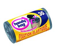 Handy Bag 1 Rouleau de 15 Sacs Poubelle 30 L, Poignées Coulissantes, Fixation Élastique, Ultra Résistant, Anti-Fuites, 53 x 63 cm, Gris Foncé, Opaque