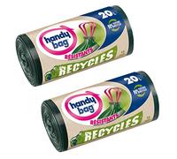 Handy Bag 2 Rouleaux de 15 Sacs Poubelle 20 L, Poignées Coulissantes, Recyclés, Résistant, Anti-Fuites, 45 x 50 cm, Vert Foncé, Opaque