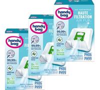 Handy Bag -LOT DE 3 -Sacs aspirateur PH86/PH96 x4sacs -Compatibles Philips, Electrolux, AEG, Tornado -99,99% des poussières retenues -Fermeture facile -Filtre anti-allergène -60% de matériaux recyclés