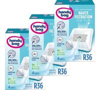 Handy Bag - Pack de 3 Sacs aspirateur R36 x4sacs - Compatibles Moulinex, Rowenta - 99,99% des poussières retenues - Fermeture facile - Anti-allergène - 60% de matériaux recyclés