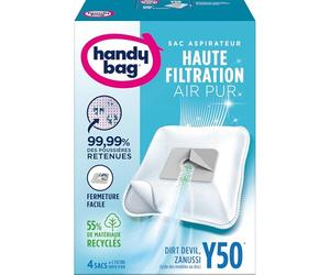 Handy Bag - Sacs aspirateur Y50 x4sacs - Compatibles Dirt Devil, Zanussi, Tornado, Beko - 99,99% des poussières retenues - Fermeture facile - Filtre anti-allergène - 55% de matériaux recyclés