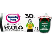 Handy Bag - Sacs poubelle à fixation élastique Écolo 30Lx15 sacs - Résistant : film triple épaisseur - Étanchéité maximale - 100% plastique recyclé issu de la collecte des déchets ménagers
