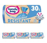 Handy Bag - Sacs poubelle à lien Résistant 30L x 15 sacs - Performants : film plastique résistant - Étanchéité maximale - 100% plastique recyclé (Lot de 4)