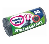 Handy Bag, Rouleaux de 10 Sacs Poubelle 50 L, Poignées Coulissantes, Ultra Résistant, Anti-Fuites, 68 x 73 cm, Gris Foncé, Opaque
