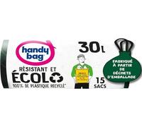 Handy Bag - Sacs poubelle à poignées coulissantes Écolo 30Lx15 sacs - Résistant : film triple épaisseur - Étanchéité maximale - 100% plastique recyclé issu de la collecte des déchets ménagers