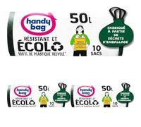 Handy Bag - Sacs poubelle à poignées coulissantes Écolo 50Lx10 sacs - Résistant : film triple épaisseur - Étanchéité maximale - 100% plastique recyclé issu de la collecte des déchets ménagers