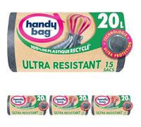 Handy Bag - Sacs poubelle à poignées coulissantes Ultra Résistant 20L x 15 sacs - Ultra Protection : trame et film triple épaisseur - Fond anti-fuite - Étanchéité maximale - 100% plastique recyclé