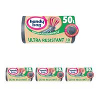 Handy Bag Sacs poubelle à poignées coulissantes Ultra Résistant & Fond anti-fuite, 100% plastique recyclé, 1 rouleau de 10 sacs poubelle 50L (Lot de 4)