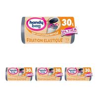 Handy Bag - Sacs poubelle fixation élastique 30L x 15 sacs - Maintient le sac en place - Ultra Résistant - Film triple épaisseur - Étanchéité maximale - 100% plastique recyclé (Lot de 4)