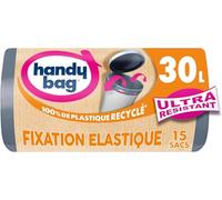 Handy Bag - Sacs poubelle fixation élastique 30L x 15 sacs - Maintient le sac en place - Ultra Résistant - Film triple épaisseur - Étanchéité maximale - 100% plastique recyclé