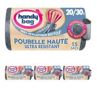 Handy Bag - Sacs poubelle haute à poignées coulissantes 20L/30L x 15 sacs - Technologie Ultra Protection : trame et film triple épaisseur - Étanchéité maximale - 100% plastique recyclé (Lot de 4)