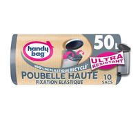 Handy Bag - Sacs poubelle pour poubelle haute à fixations élastiques, Ultra Résistant & Étanchéité maximale, 100% plastique recyclé, 1 rouleau de 10 sacs 50L