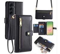 Handykette pour Galaxy A36/A56 Ruban Portable Compartiments Cartes PU Cuir Noir