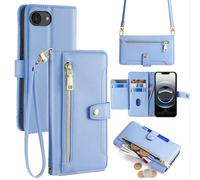 Handykette pour IPHONE 16E Avec Ruban Portable Compartiments Cartes PU Cuir Bleu