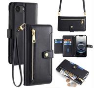 Handykette pour IPHONE 16E Avec Ruban Portable Compartiments Cartes PU Cuir Noir