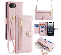 Handykette pour IPHONE 16E Avec Ruban Portable Compartiments Cartes PU Cuir Rose