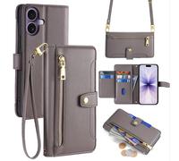 Handykette pour IPHONE 17 Coque Avec Ruban Compartiments Cartes PU Cuir Sac Gris