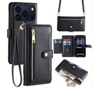Handykette pour IPHONE 17 Pro Max Coque Avec Ruban Compartiments Cartes PU Noir
