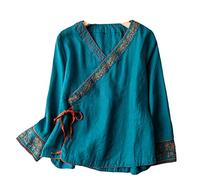 Hanfu Broderie Cheongsam courte à col en V Haut chinois Floral Chemise Tang Costume Printemps Tai Chi Vêtements, Couleur 1, M