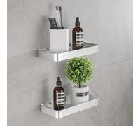 HANFU Etagere Douche sans Percage, Etagere Salle de Bain Pose Murale avec Aluminium Etagere et Verre Trempé, Rangement Douche Serviteur Étagère Porte de Shampoing et Gel Douche 2 Pièces, 25cm Argent