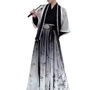 Hanfu Hommes Grande Taille 3XL Halloween Cosplsy Costume Chinois Traditionnel Ancien Hanfu imprimé Bambou Gris et Noir 4 pièces Ensembles Grande Taille (Gray-White,L)