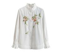 HangErFeng Chemise blanche brodée cerise col montant Blouse 696 M | Patte de boutonnage plissée avec motif perlé
