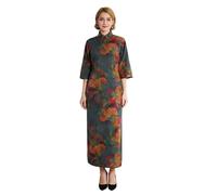 HangErFeng Robe longue en soie Cheongsam à manches 3/4 pour femme Motif floral chinois Qipao 3876, vert, Taille L
