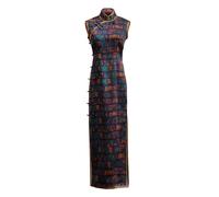 HangErFeng Soie Cheongsam Ancient Shu Pattern Xiangyunsha Robe sans manches avec col montant et fente latérale 5003, Motif bleu sarcelle impérial et bronze antique, Taille XL