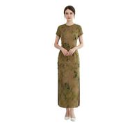 HangErFeng Xiangyunsha Xiangyunsha Robe en soie Qipao avec motif papillon et feuille 5020, Vert olive avec imprimé floral subtil, Taille M