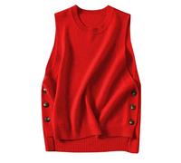HangNiFang Pull sans manches à col rond en tricot côtelé pour femme, Rouge de Noël, Taille L