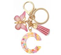 HANGSU Porte-clés pour fille avec cœur à paillettes et lettre initiale avec pampilles et pendentif papillon, C #, length 10.5cm