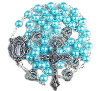 HanlinCC Chapelet en perles de verre avec cœur époxy miraculeux en métal dans un sac cadeau en velours avec carte de prière chapelet, 19.3 inches, Verre, Perle de nacre