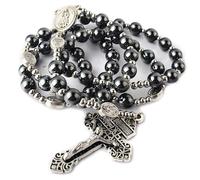 HanlinCC Collier Chapelet Hématite Homme Femme Pierre Noire Perles Acier Inoxydable Longueur 48cm, 8mm (Hematite), 4mm (Stainless Steel), Hématite, Croix